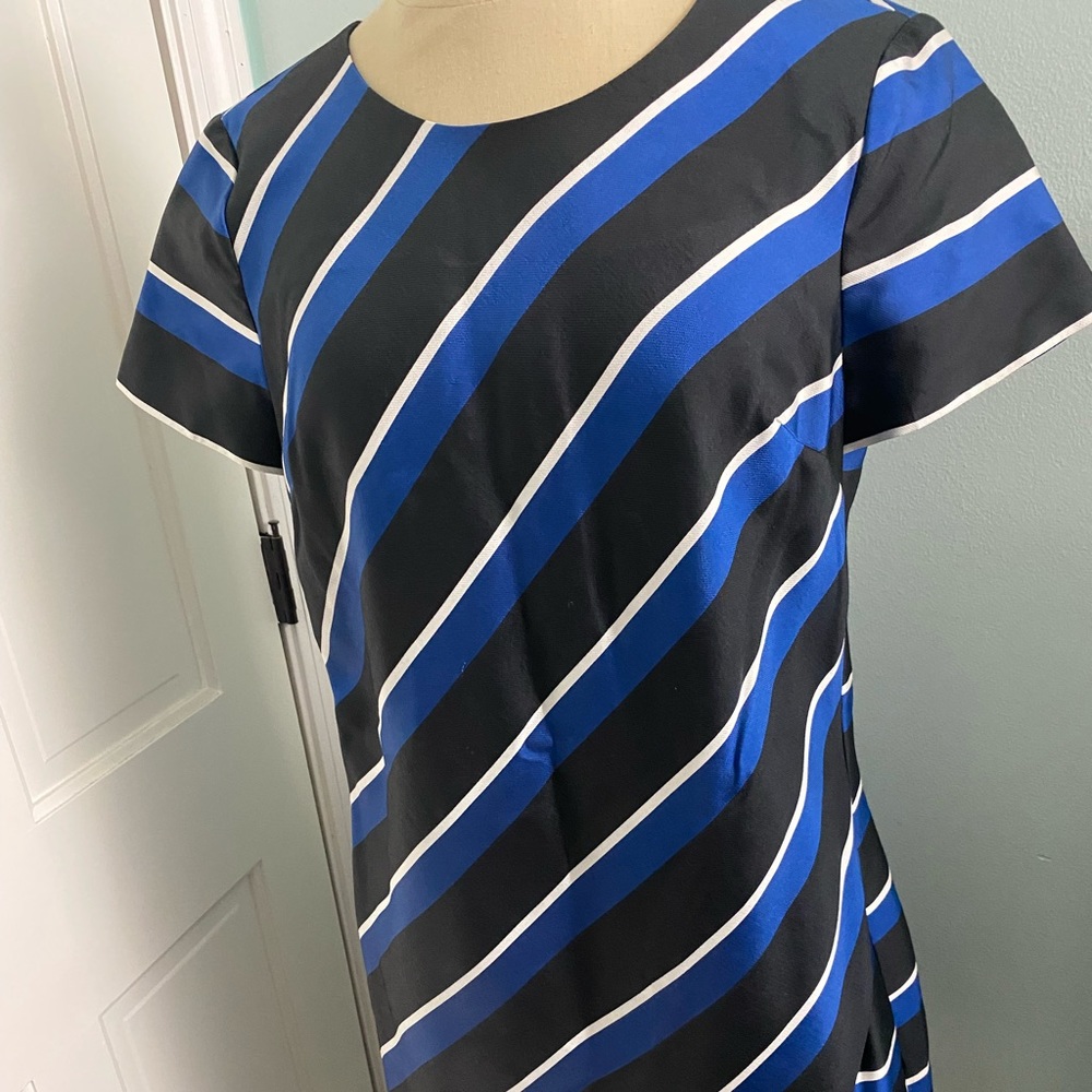 Cynthia Steffe Dress Womens 8 Black Blue Stripe Asymmetrical Hem Shift Abbey